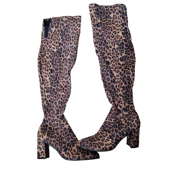 New Marc Fisher LULEY Stretch Leopard Chunky Heel Zip Over the Knee Boots sz 6 - Picture 2 of 8